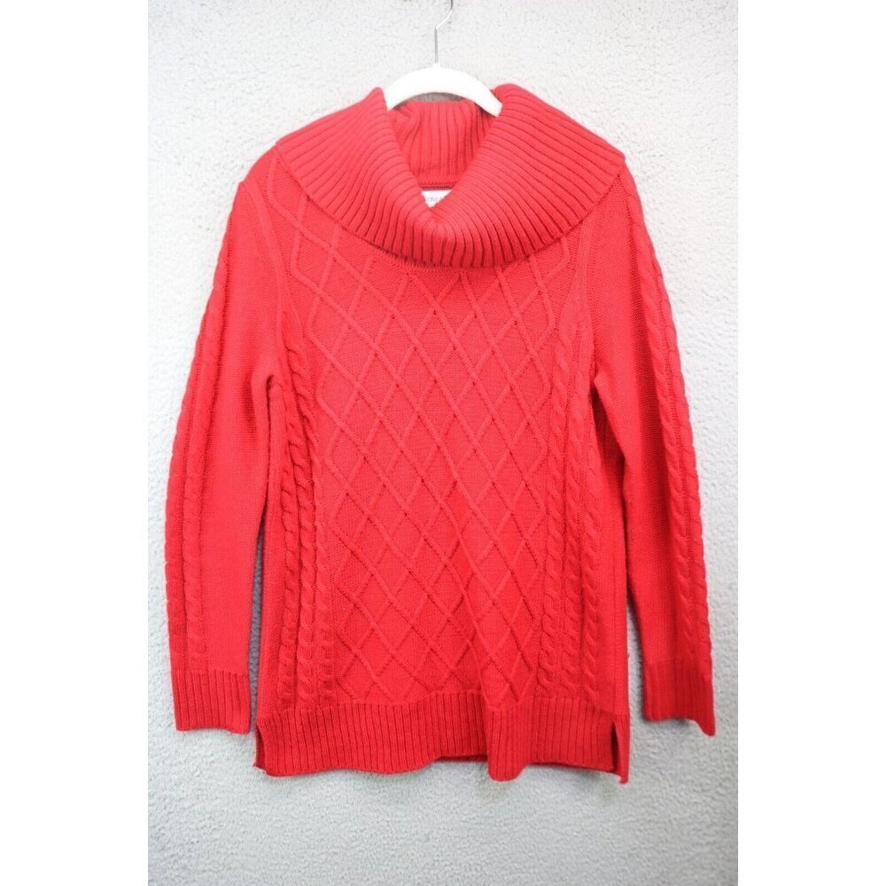 Calvin Klein Cowl Neck Red Cable Knit Sweater-Medium-Chunky-Cozy-Soft‎